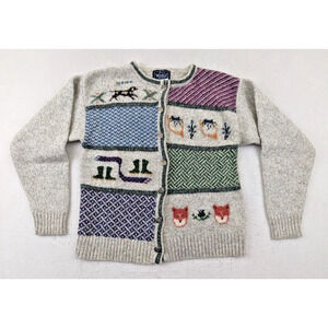 The Woolrich Woman sz L Sweater Cardigan buttons animals ls colorful vintage Q6